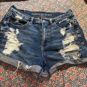 American Eagle Outfitters Women's Dark Blue Distressed Jean Shorts